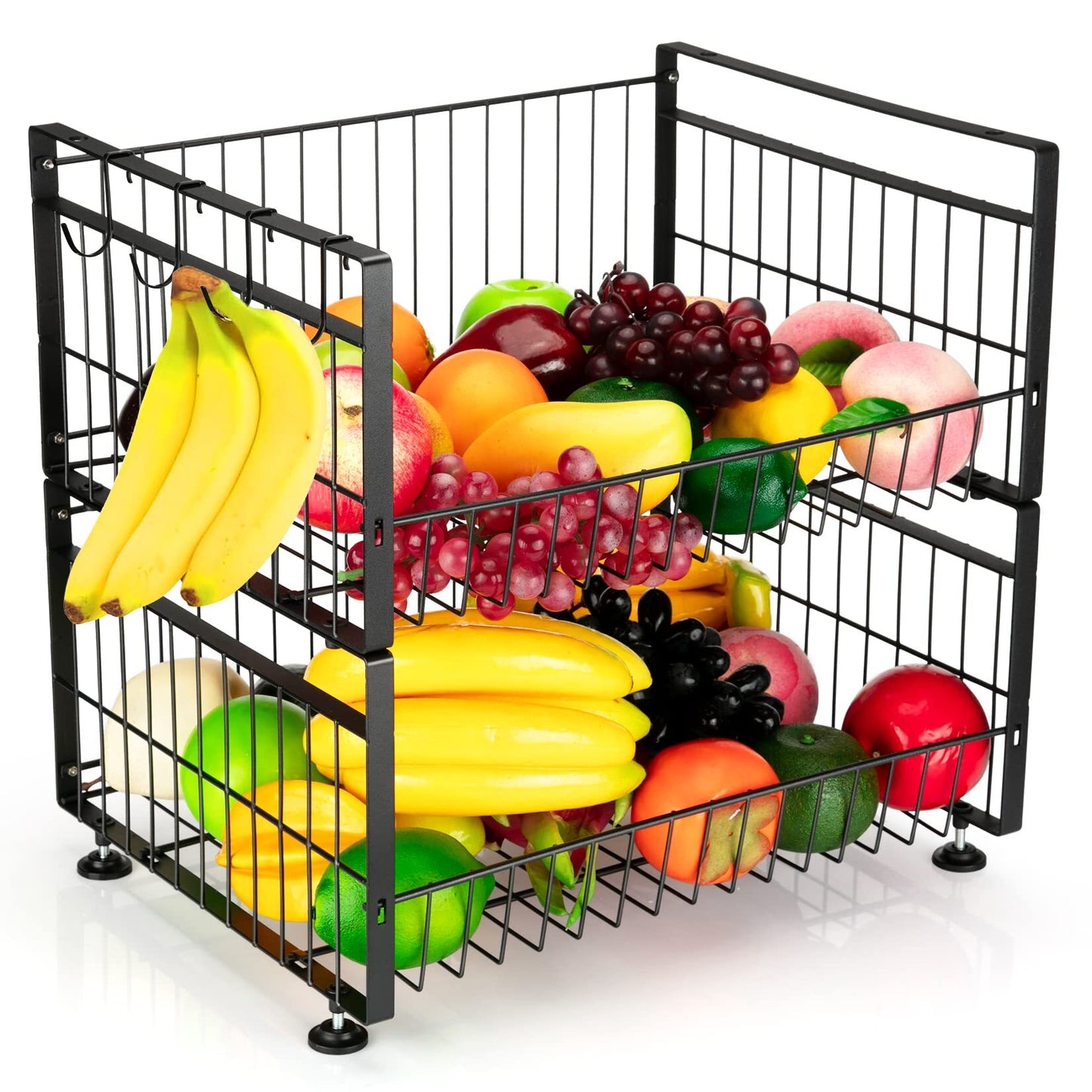 US GARVEE 2 Tier Fruit Basket with 4 Removable Banana Hangers Fruit Bowl for Kitchen Counter