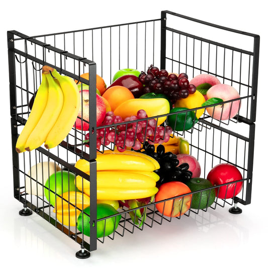 US GARVEE 2 Tier Fruit Basket with 4 Removable Banana Hangers Fruit Bowl for Kitchen Counter