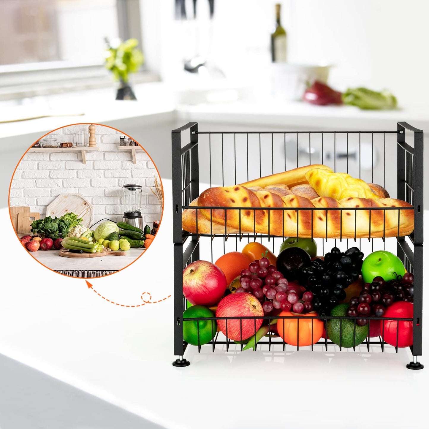 US GARVEE 2 Tier Fruit Basket with 4 Removable Banana Hangers Fruit Bowl for Kitchen Counter