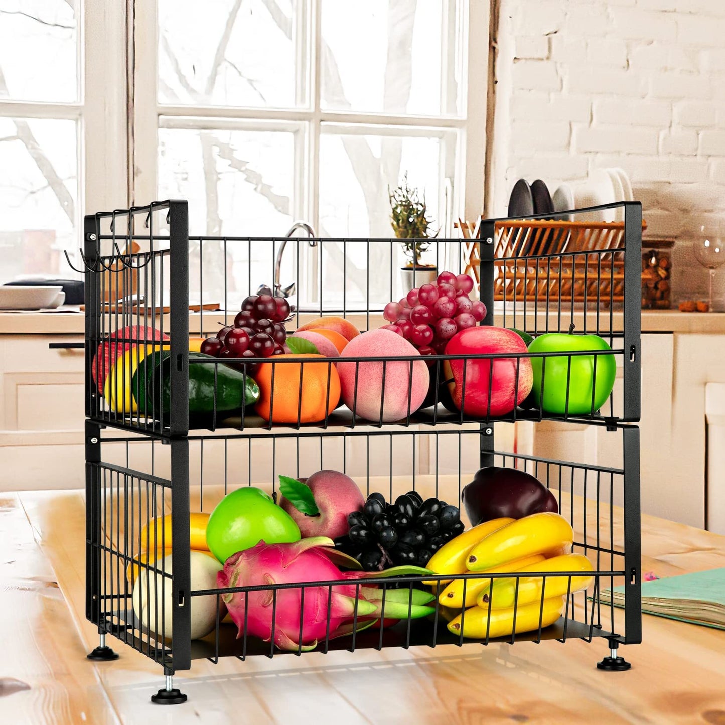 US GARVEE 2 Tier Fruit Basket with 4 Removable Banana Hangers Fruit Bowl for Kitchen Counter