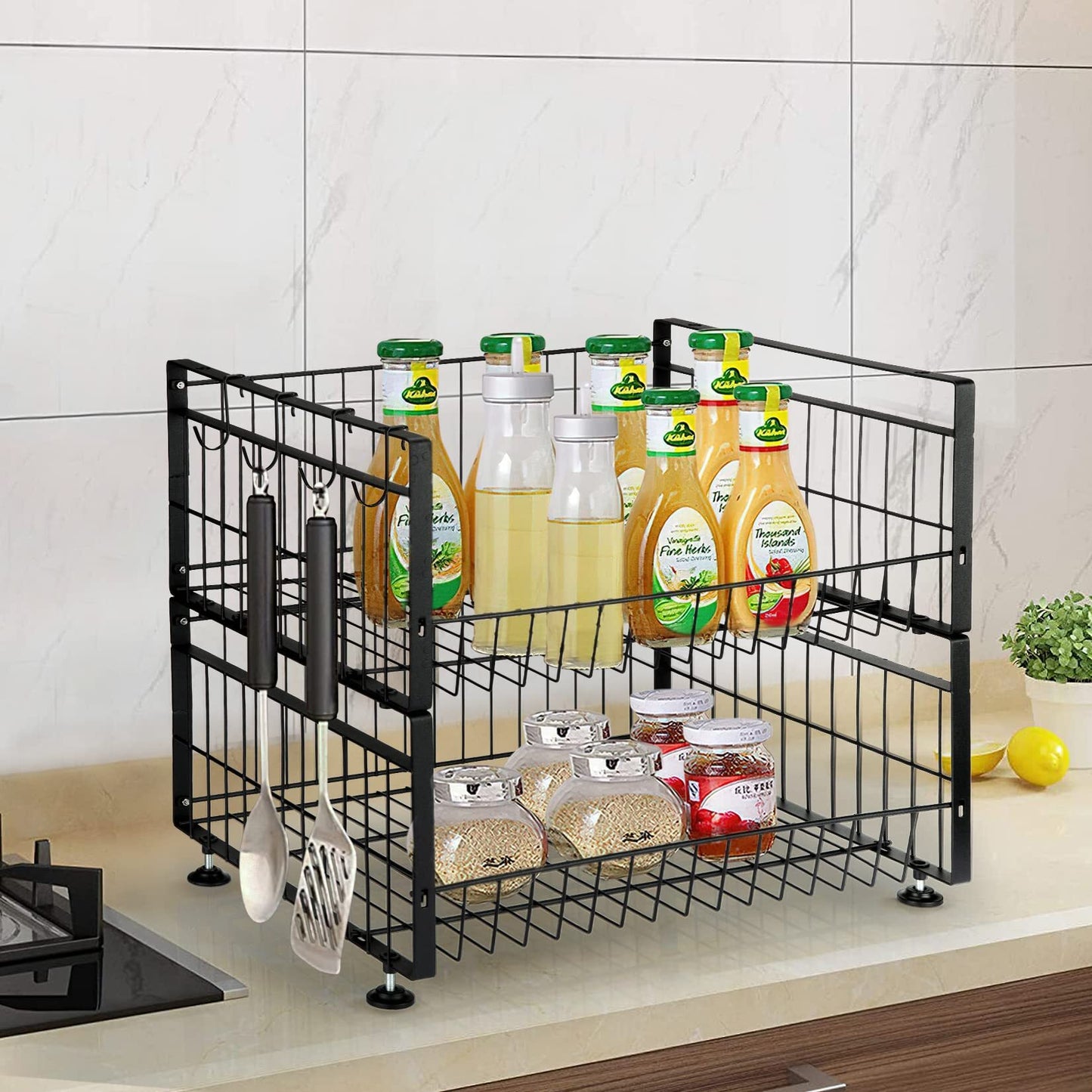 US GARVEE 2 Tier Fruit Basket with 4 Removable Banana Hangers Fruit Bowl for Kitchen Counter