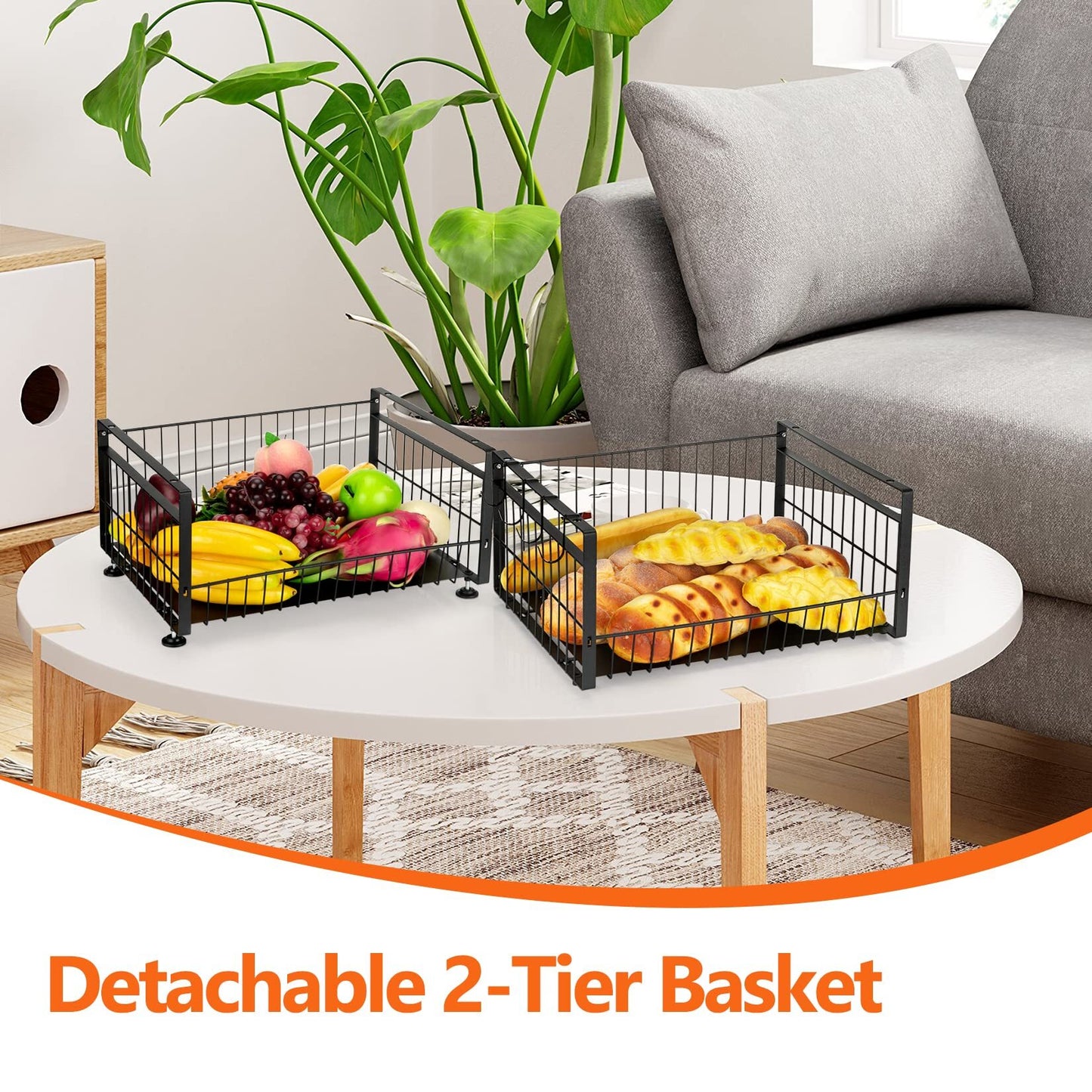 US GARVEE 2 Tier Fruit Basket with 4 Removable Banana Hangers Fruit Bowl for Kitchen Counter