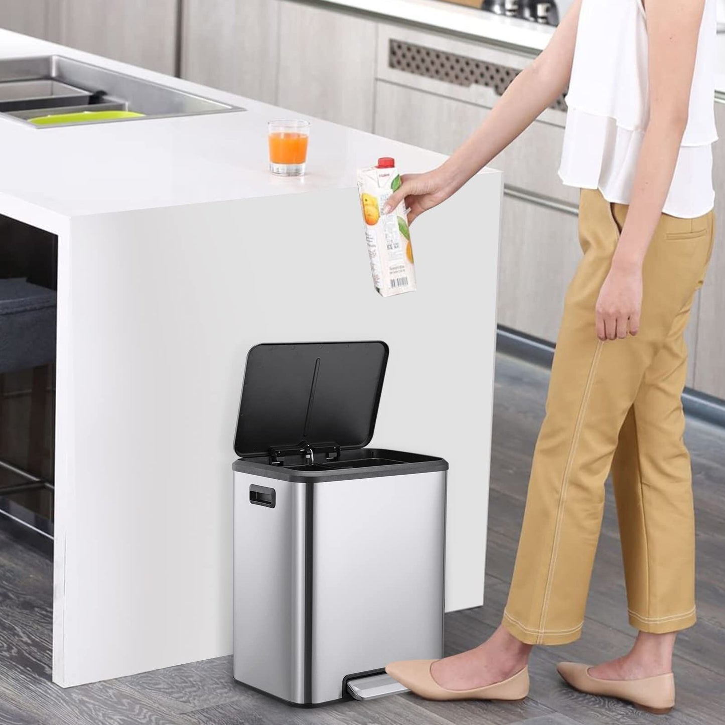 US GARVEE Dual Trash Can Stainless Steel 2 x 4 Gal  Garbage Can Steel Pedal Recycle Bin