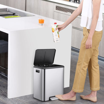 US GARVEE Dual Trash Can Stainless Steel 2 x 4 Gal  Garbage Can Steel Pedal Recycle Bin