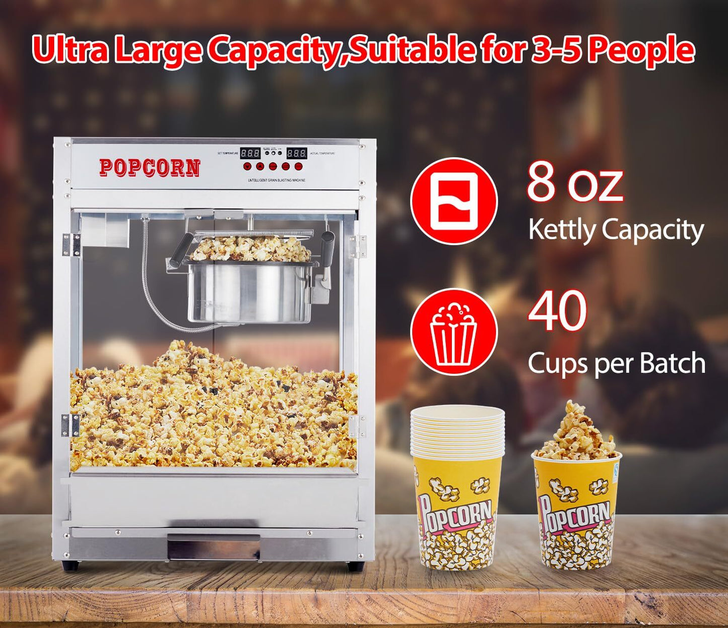 US GARVEE 8 OZ Popcorn Machine Temperature Control Digital Display Popcorn Maker Machine Silver