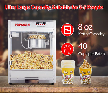 US GARVEE 8 OZ Popcorn Machine Temperature Control Digital Display Popcorn Maker Machine Silver