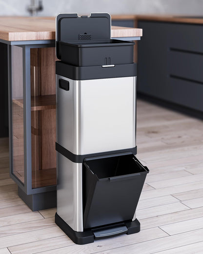 US GARVEE 34L Kitchen Trash Can Lid Fingerprint-Proof Stainless Steel Classified Recycle Rubbish Bin
