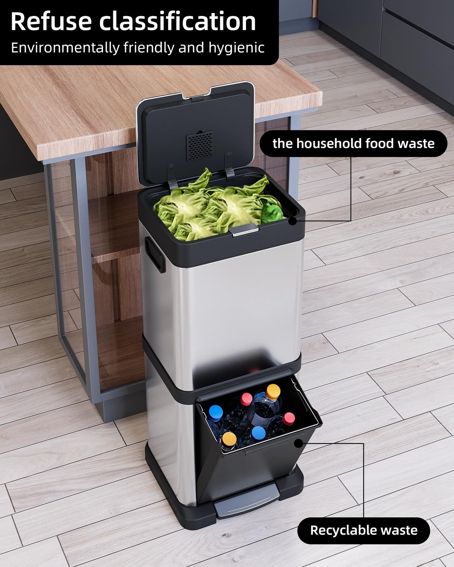 US GARVEE 34L Kitchen Trash Can Lid Fingerprint-Proof Stainless Steel Classified Recycle Rubbish Bin
