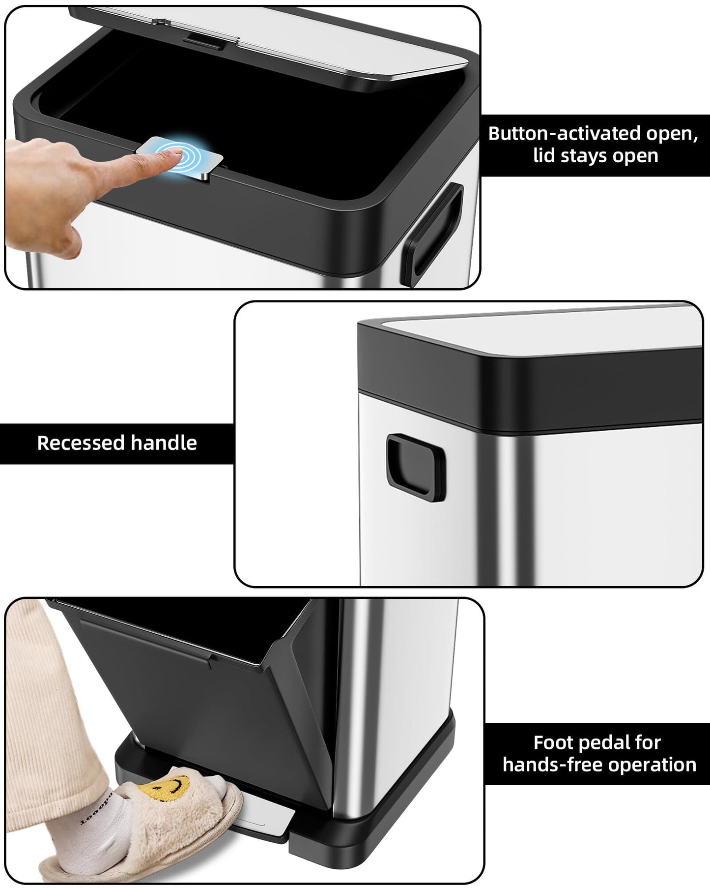 US GARVEE 34L Kitchen Trash Can Lid Fingerprint-Proof Stainless Steel Classified Recycle Rubbish Bin