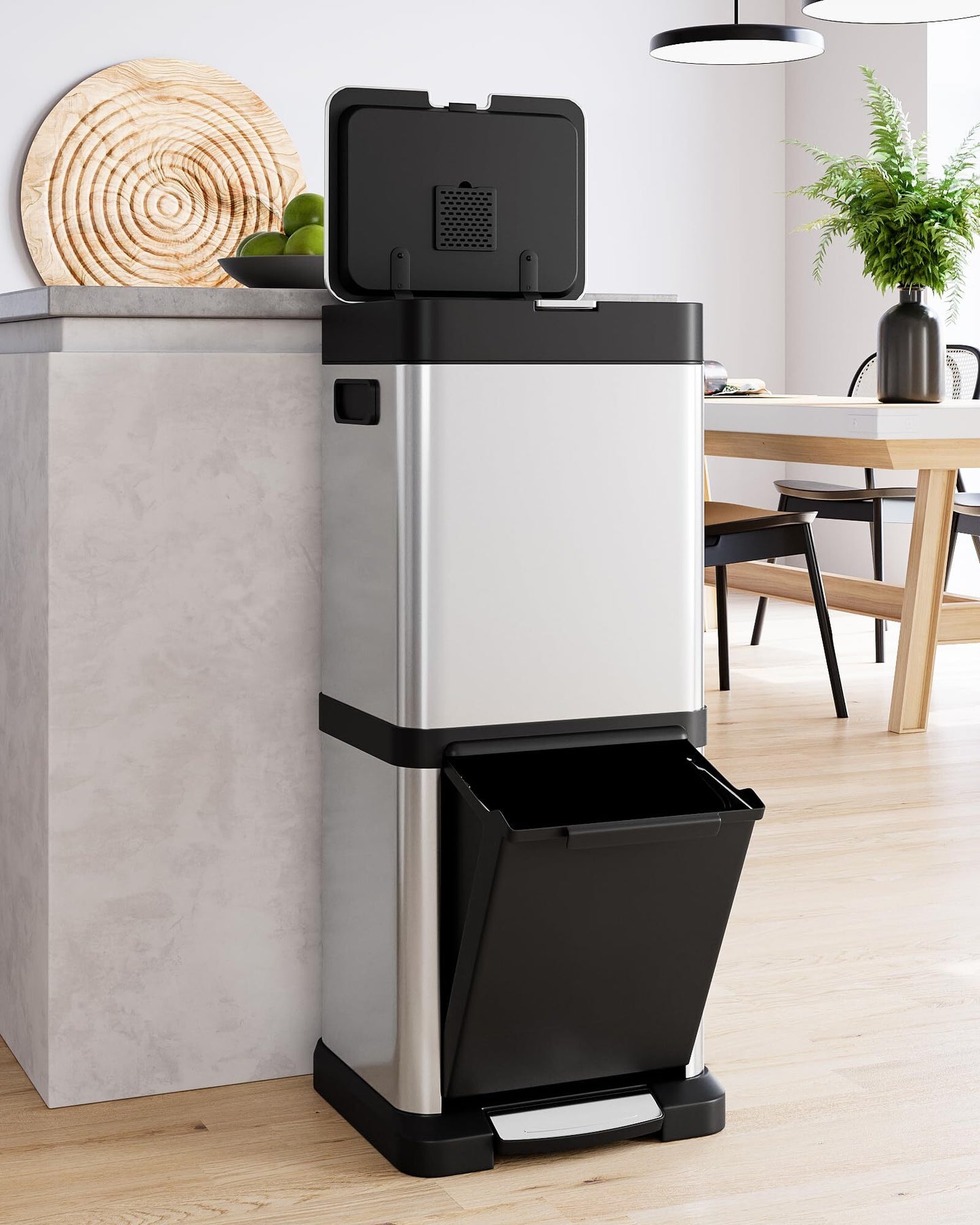 US GARVEE 34L Kitchen Trash Can Lid Fingerprint-Proof Stainless Steel Classified Recycle Rubbish Bin