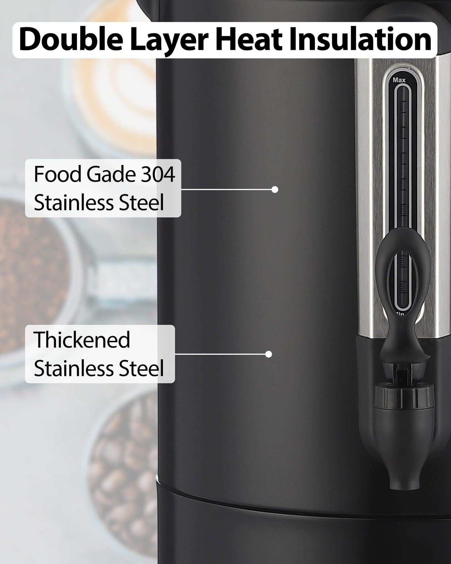 US GARVEE Commercial Coffee Urn Food Grade 304 Stainless Steel Hot Water Urn Hot Drink Dispenser Black