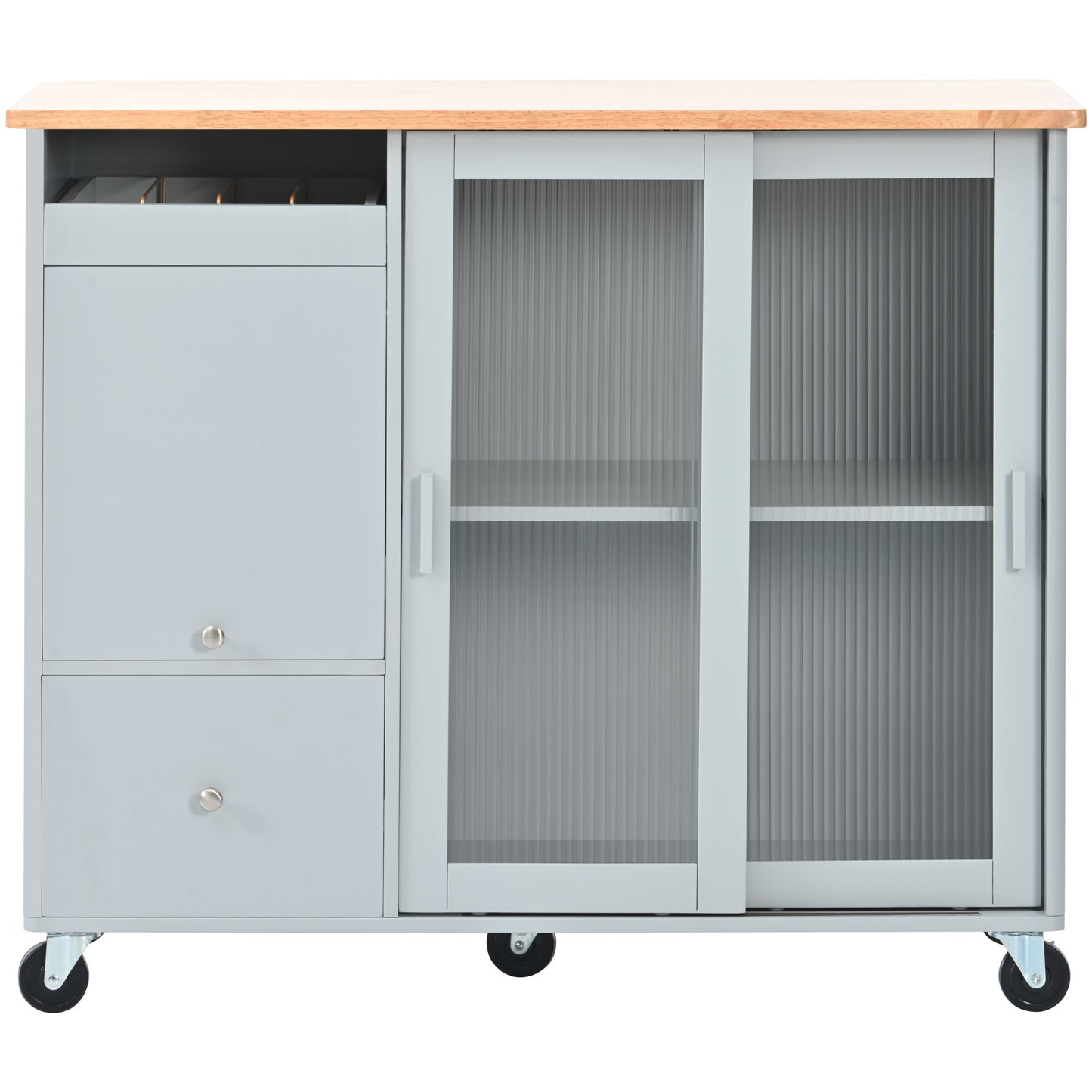 US Rolling Kitchen Island With Storage Drawer Adjustable Shelf Sliding Glass Door Cabinet With LED Light For Kitchen White