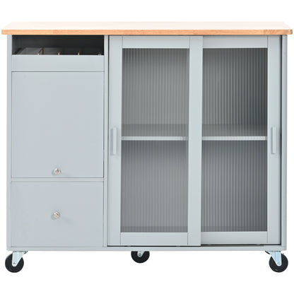 US Rolling Kitchen Island With Storage Drawer Adjustable Shelf Sliding Glass Door Cabinet With LED Light For Kitchen White