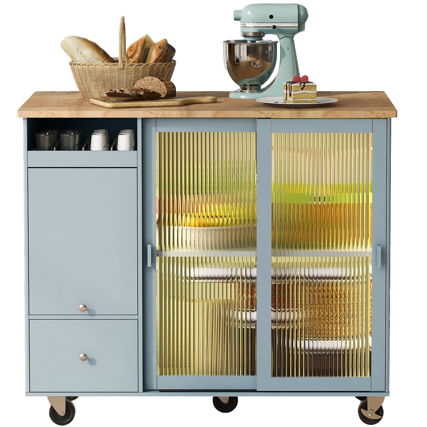US Rolling Kitchen Island With Storage Drawer Adjustable Shelf Sliding Glass Door Cabinet With LED Light For Kitchen White