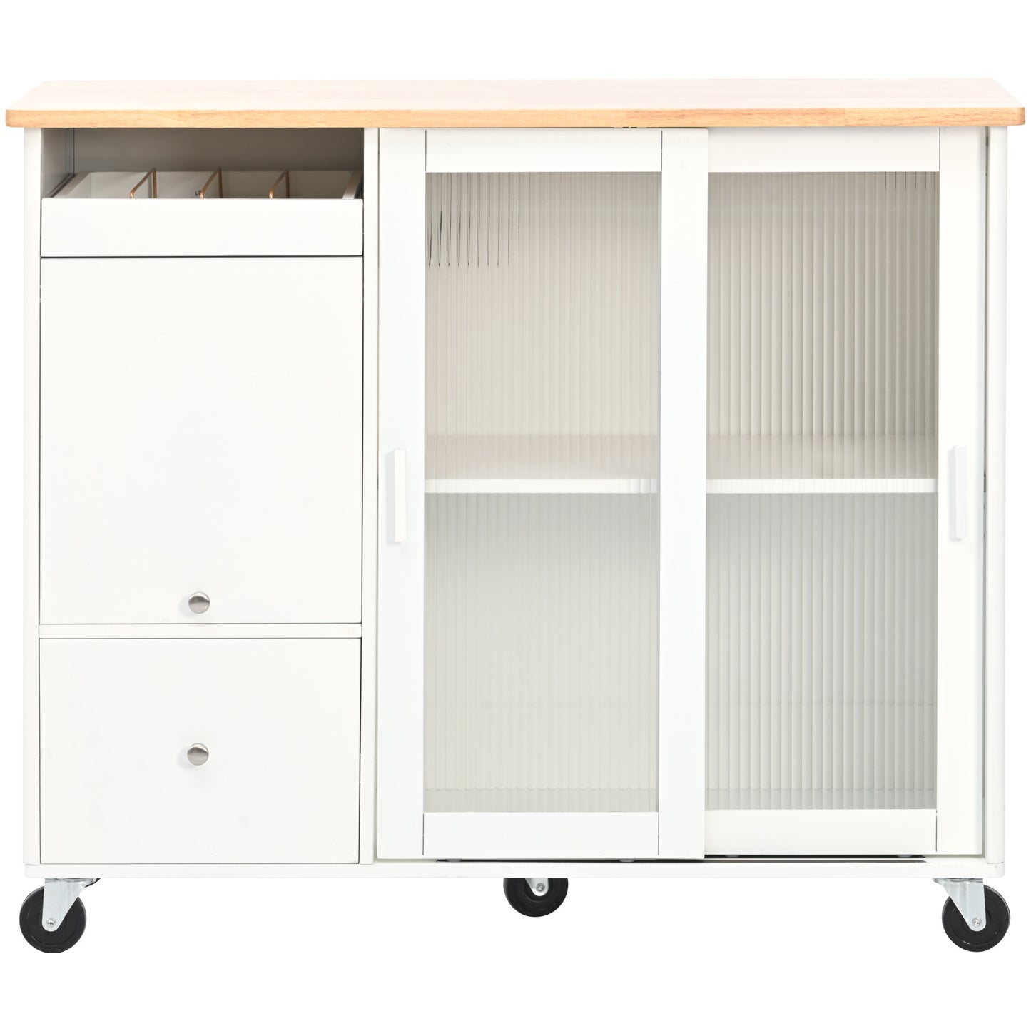 US Rolling Kitchen Island With Storage Drawer Adjustable Shelf Sliding Glass Door Cabinet With LED Light For Kitchen White