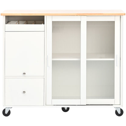 US Rolling Kitchen Island With Storage Drawer Adjustable Shelf Sliding Glass Door Cabinet With LED Light For Kitchen White
