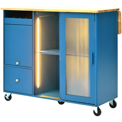 US Rolling Kitchen Island With Storage Drawer Adjustable Shelf Sliding Glass Door Cabinet With LED Light For Kitchen White