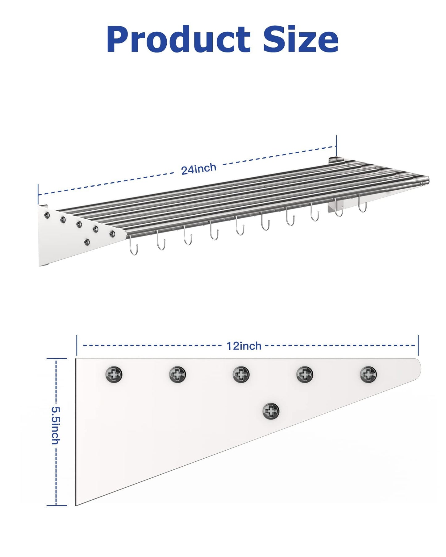 US GARVEE Stainless Steel Wall Mount Shelf with Hooks Commercial Storage Shelves