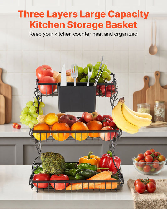 3 Tier Fruit Basket, Countertop Fruits Vegetable Bowl with Banana Hangers and Side Storage Basket, Metal Wire Storage Stand for Kitchen Counter, Holder Organizer for Bread Snack Veggies, Black