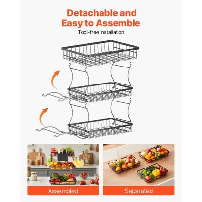 3 Tier Fruit Basket, Countertop Fruits Vegetable Bowl with Banana Hangers and Side Storage Basket, Metal Wire Storage Stand for Kitchen Counter, Holder Organizer for Bread Snack Veggies, Black