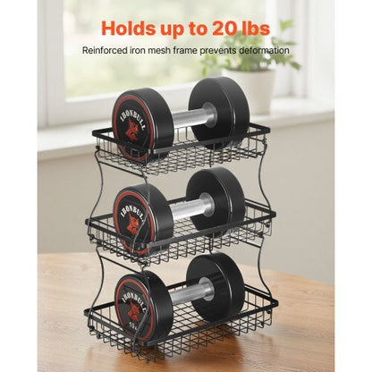 3 Tier Fruit Basket, Countertop Fruits Vegetable Bowl with Banana Hangers and Side Storage Basket, Metal Wire Storage Stand for Kitchen Counter, Holder Organizer for Bread Snack Veggies, Black