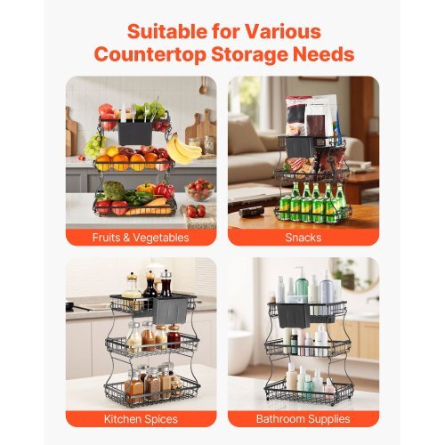 3 Tier Fruit Basket, Countertop Fruits Vegetable Bowl with Banana Hangers and Side Storage Basket, Metal Wire Storage Stand for Kitchen Counter, Holder Organizer for Bread Snack Veggies, Black
