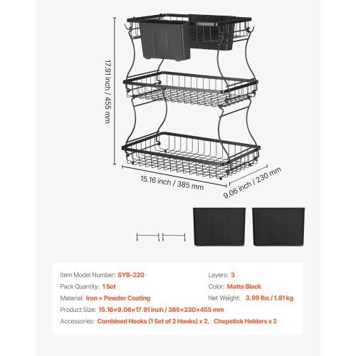 3 Tier Fruit Basket, Countertop Fruits Vegetable Bowl with Banana Hangers and Side Storage Basket, Metal Wire Storage Stand for Kitchen Counter, Holder Organizer for Bread Snack Veggies, Black