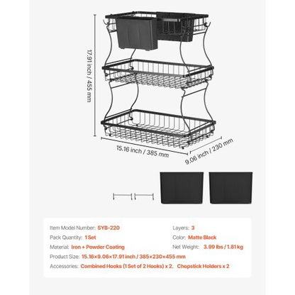 3 Tier Fruit Basket, Countertop Fruits Vegetable Bowl with Banana Hangers and Side Storage Basket, Metal Wire Storage Stand for Kitchen Counter, Holder Organizer for Bread Snack Veggies, Black