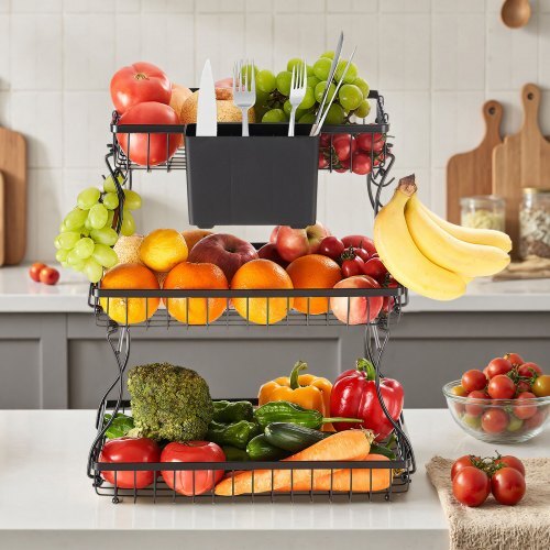 3 Tier Fruit Basket, Countertop Fruits Vegetable Bowl with Banana Hangers and Side Storage Basket, Metal Wire Storage Stand for Kitchen Counter, Holder Organizer for Bread Snack Veggies, Black