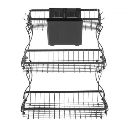3 Tier Fruit Basket, Countertop Fruits Vegetable Bowl with Banana Hangers and Side Storage Basket, Metal Wire Storage Stand for Kitchen Counter, Holder Organizer for Bread Snack Veggies, Black