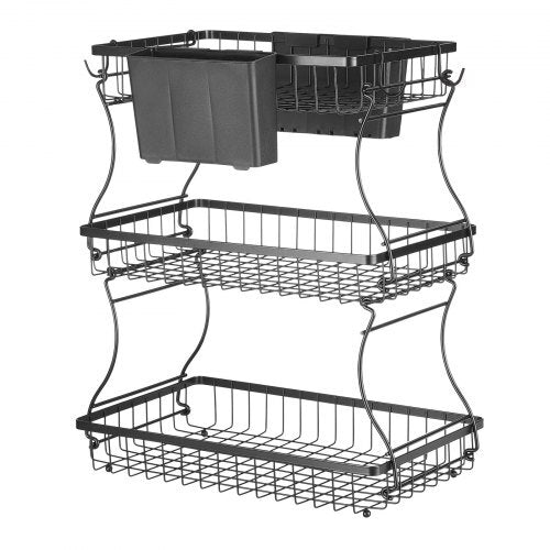 3 Tier Fruit Basket, Countertop Fruits Vegetable Bowl with Banana Hangers and Side Storage Basket, Metal Wire Storage Stand for Kitchen Counter, Holder Organizer for Bread Snack Veggies, Black