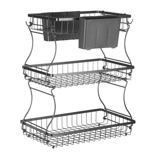 3 Tier Fruit Basket, Countertop Fruits Vegetable Bowl with Banana Hangers and Side Storage Basket, Metal Wire Storage Stand for Kitchen Counter, Holder Organizer for Bread Snack Veggies, Black