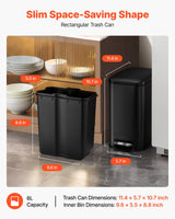 Slim Bathroom Trash Can, 11.4 x 5.71 x 10.7 Inch Small Bedroom Trashcan with Step Pedal & Soft Close Lid, 6L Steel Garbage Can with Detachable Inner Bin, for Kitchen, Home, Dorm, Office, Black