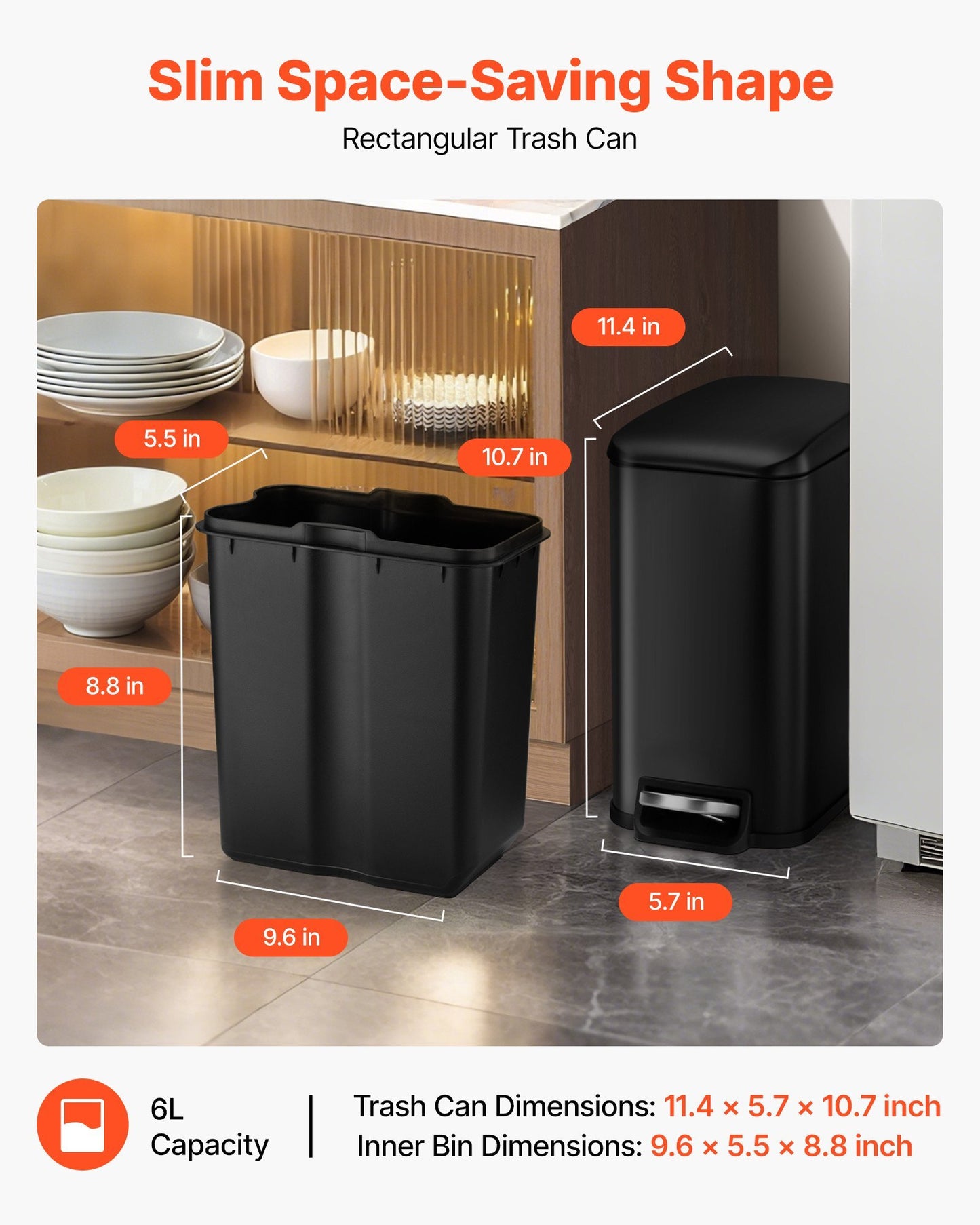Slim Bathroom Trash Can, 11.4 x 5.71 x 10.7 Inch Small Bedroom Trashcan with Step Pedal & Soft Close Lid, 6L Steel Garbage Can with Detachable Inner Bin, for Kitchen, Home, Dorm, Office, Black