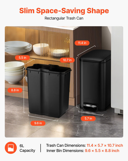 Slim Bathroom Trash Can, 11.4 x 5.71 x 10.7 Inch Small Bedroom Trashcan with Step Pedal & Soft Close Lid, 6L Steel Garbage Can with Detachable Inner Bin, for Kitchen, Home, Dorm, Office, Black