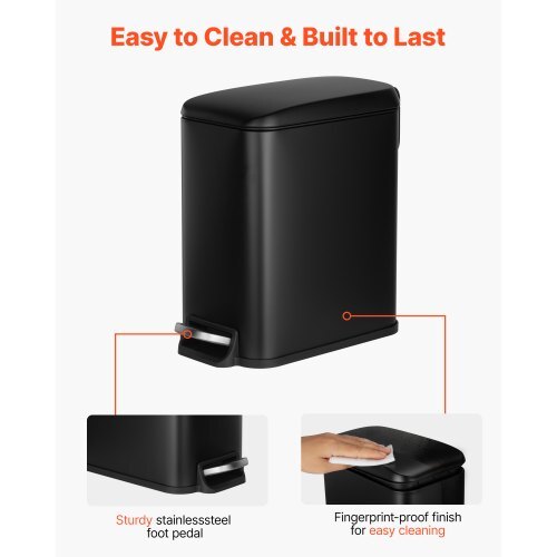 Slim Bathroom Trash Can, 11.4 x 5.71 x 10.7 Inch Small Bedroom Trashcan with Step Pedal & Soft Close Lid, 6L Steel Garbage Can with Detachable Inner Bin, for Kitchen, Home, Dorm, Office, Black