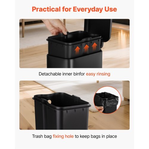 Slim Bathroom Trash Can, 11.4 x 5.71 x 10.7 Inch Small Bedroom Trashcan with Step Pedal & Soft Close Lid, 6L Steel Garbage Can with Detachable Inner Bin, for Kitchen, Home, Dorm, Office, Black