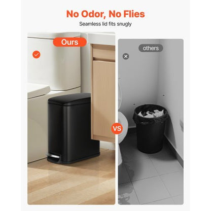 Slim Bathroom Trash Can, 11.4 x 5.71 x 10.7 Inch Small Bedroom Trashcan with Step Pedal & Soft Close Lid, 6L Steel Garbage Can with Detachable Inner Bin, for Kitchen, Home, Dorm, Office, Black