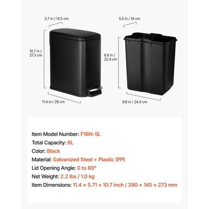 Slim Bathroom Trash Can, 11.4 x 5.71 x 10.7 Inch Small Bedroom Trashcan with Step Pedal & Soft Close Lid, 6L Steel Garbage Can with Detachable Inner Bin, for Kitchen, Home, Dorm, Office, Black