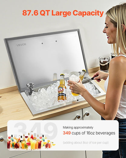 Drop in Ice Chest, 28"L x 16"W x 17"H Stainless Steel Drop in Cooler, 87.6 Quart Commercial Ice Bin with Flip Lid for Outdoor Kitchen Patio Bar, Drain-pipe Set Included, for Cold Wine Beer