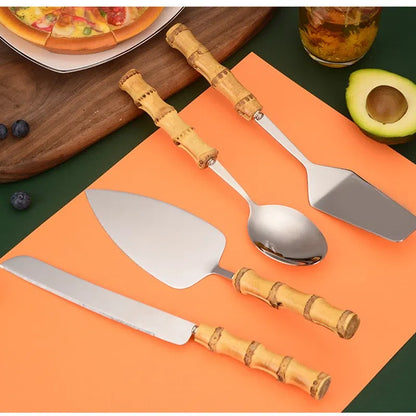Color: light yellow - Nature Bamboo Pizza Cake Shovel Triangular Spatula Set Steel Stainless Cheese Slicer Cutter Knife,Butter Knife