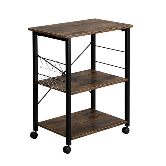 Vintage-Style 3-Tier Kitchen Cart with Microwave Stand & Rolling Storage Shelves - Black Metal Frame