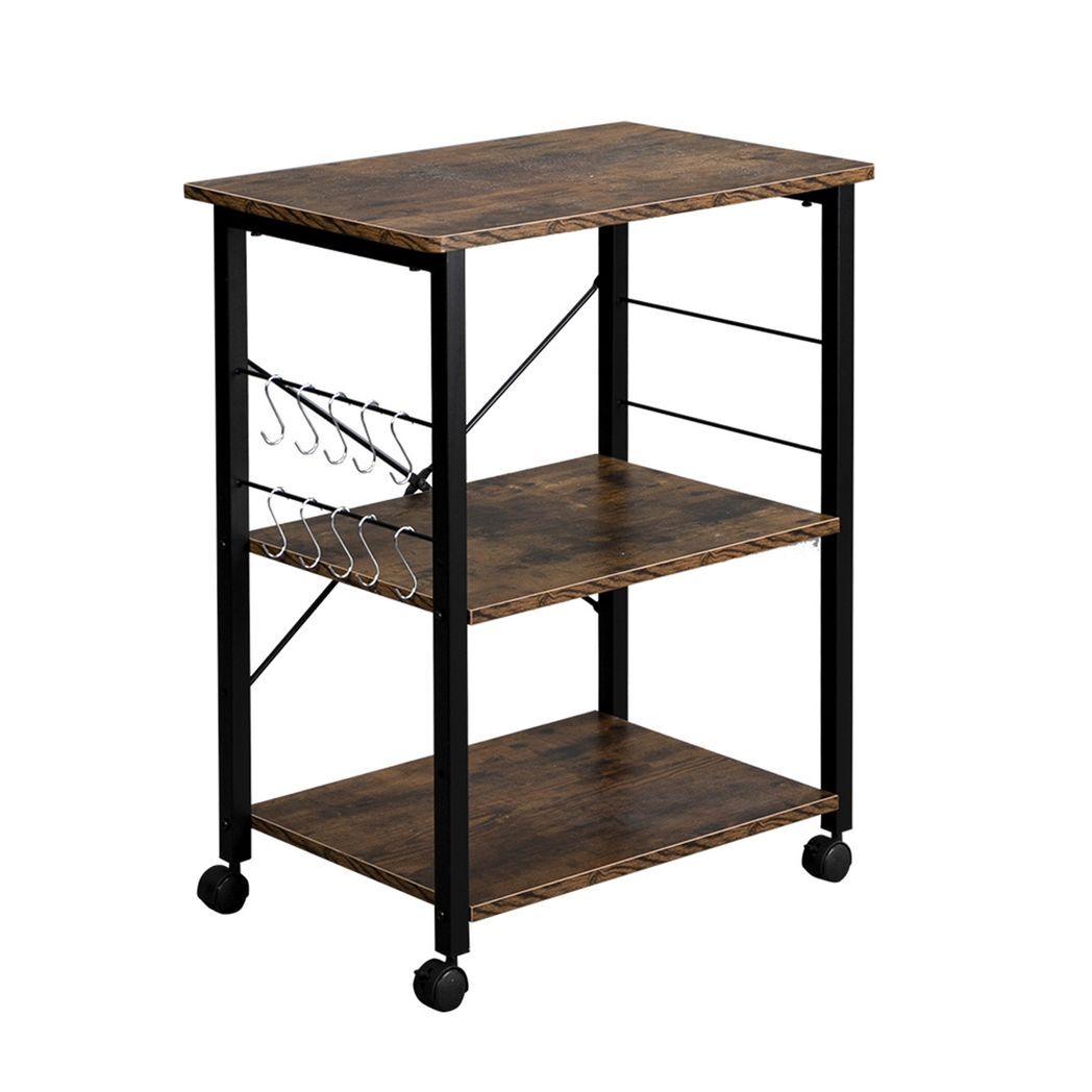 Vintage-Style 3-Tier Kitchen Cart with Microwave Stand & Rolling Storage Shelves - Black Metal Frame