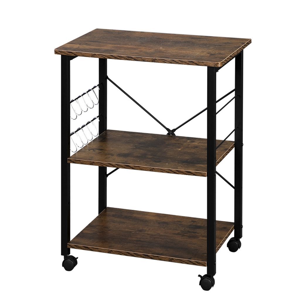 Vintage-Style 3-Tier Kitchen Cart with Microwave Stand & Rolling Storage Shelves - Black Metal Frame