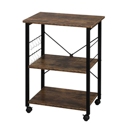 Vintage-Style 3-Tier Kitchen Cart with Microwave Stand & Rolling Storage Shelves - Black Metal Frame