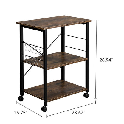 Vintage-Style 3-Tier Kitchen Cart with Microwave Stand & Rolling Storage Shelves - Black Metal Frame