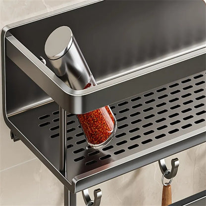 Color: multi - Multifunctional Kitchen and Bath Tray Wall-Mounted Aluminum Storage Rack Seasoning Bottle Storage Shelf Kitchen Storage Hooks