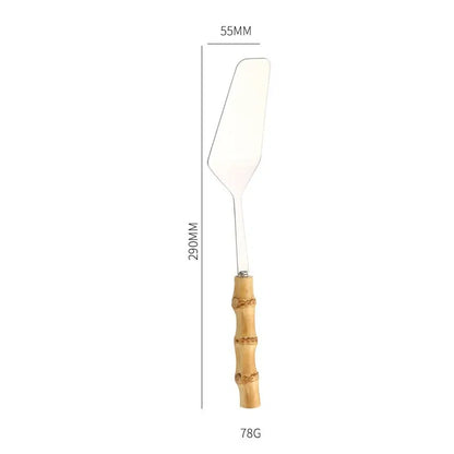 Color: light yellow - Nature Bamboo Pizza Cake Shovel Triangular Spatula Set Steel Stainless Cheese Slicer Cutter Knife,Butter Knife