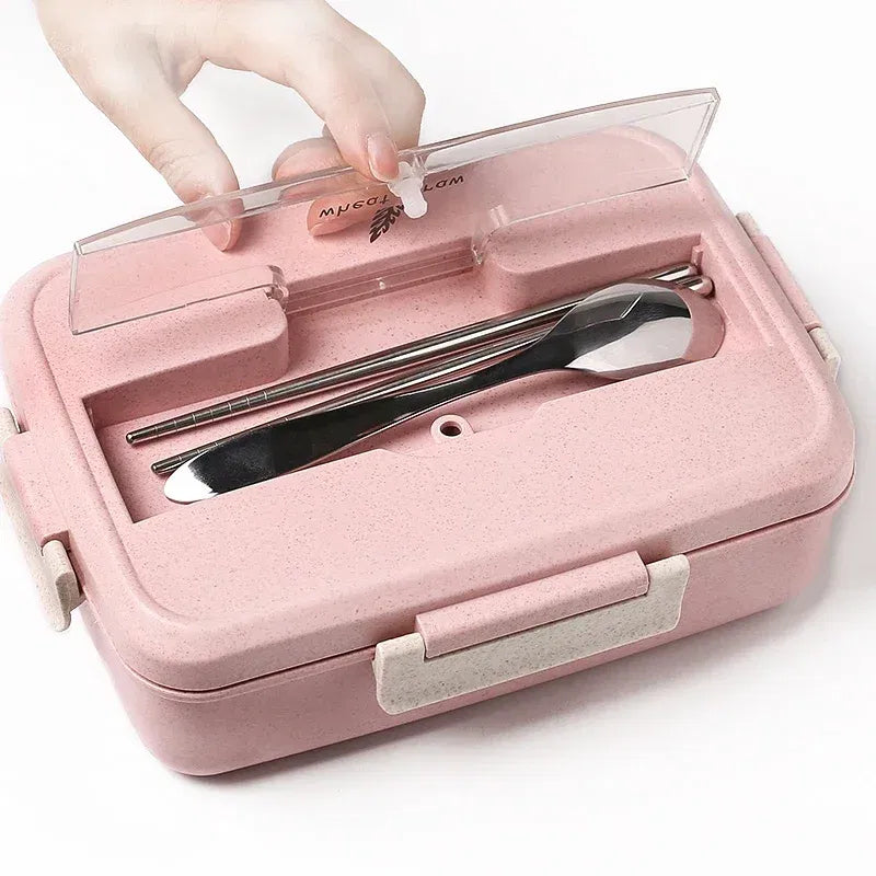 Color: green, Ships From: CHINA - Microwave Lunch Box Wheat Straw Dinnerware with Spoon Chopsticks Food Storage Container Children Kids School Office Bento Box