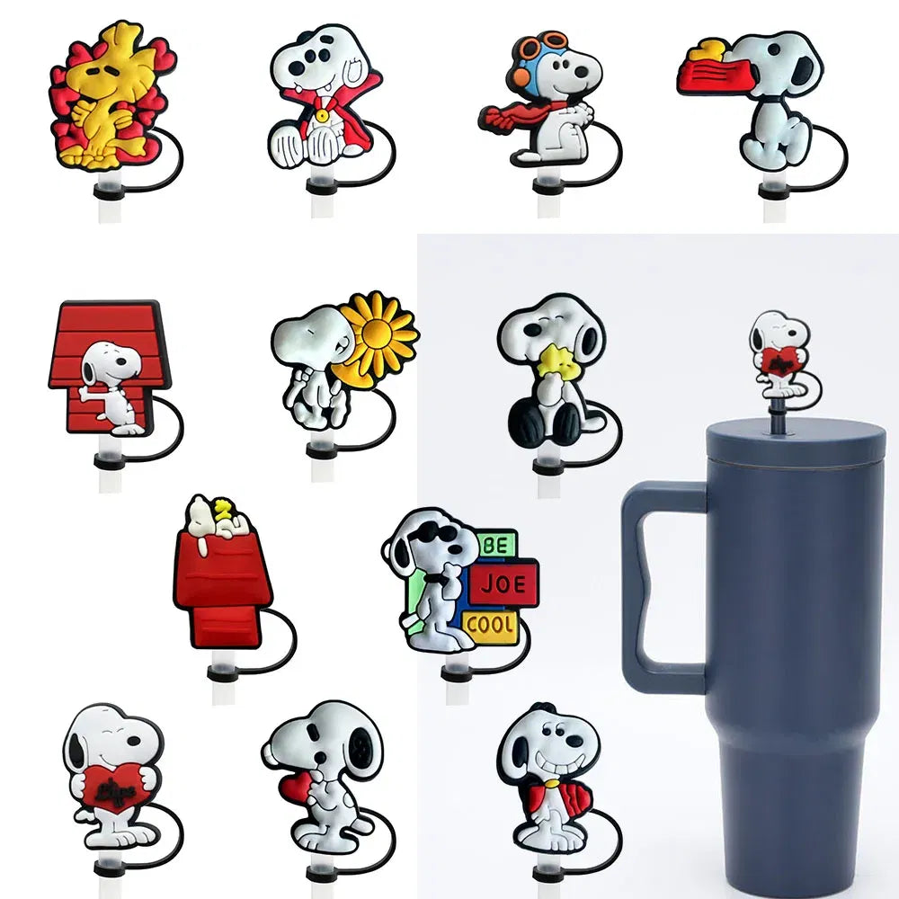 Color: Gold - 1-12PCS Cute  MINISO Snoopy Straw Cover Cap With 30&40Oz Cup10mm Straw Toppers Reusable Dust-Proof Straw Caps Cartoon Drink Stra